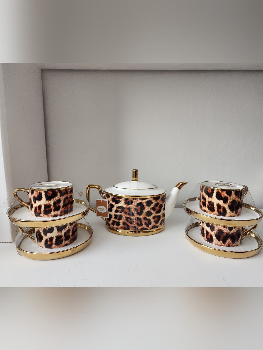 Almeria Collection Leopard Print Tea Set with Gold Trim - White & Brown